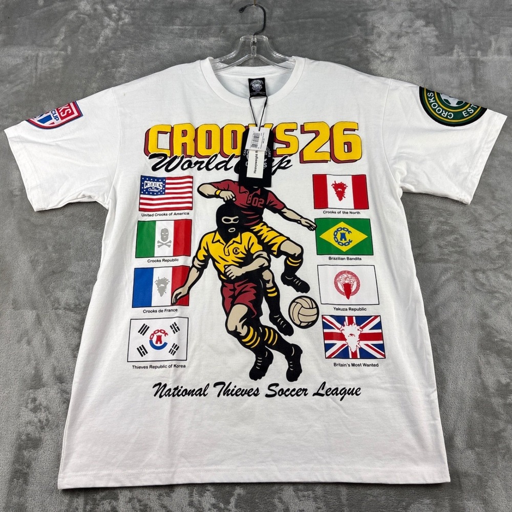 Crooks & Castles T-Shirt Mens M World Cup Drop Shoulder White Graphic NEW
